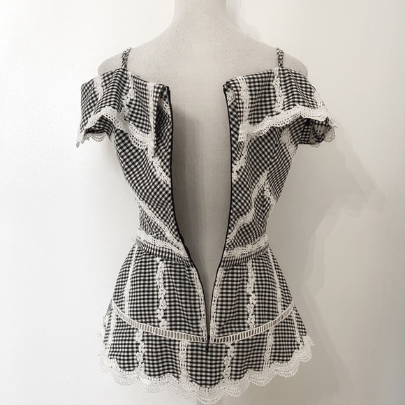 ADELYN RAE BLACK WHITE GINGHAM EMBROIDERED COLD SHOULDER PEPLUM TOP - S - Picture 5 of 9
